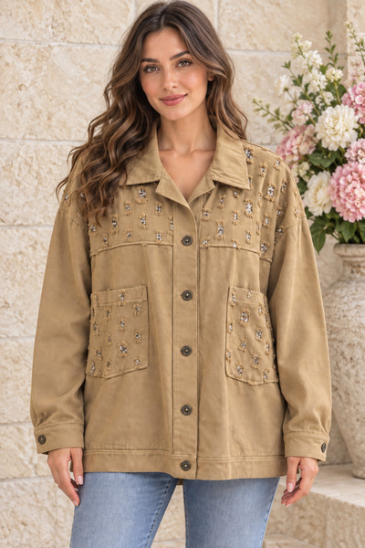 AGORATEKSTİL Women's Italian Gabardine Fabric Double Pocket Sequin Jacket 44-50