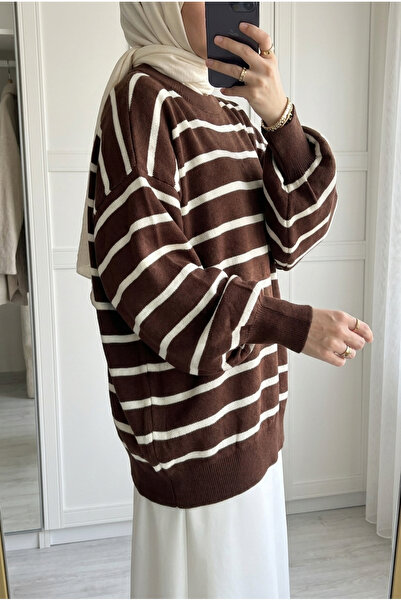 Kirazca Butik Women's Thin Striped Balloon Sleeve Oversize Knitwear Sweater T...