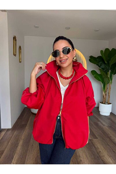 nido moda Kadın Kırmızı Dik Yaka Fermuarlı Bol Kesim Yağmurluk Ceket