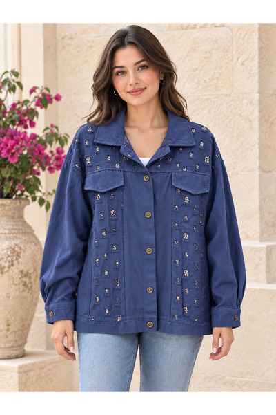 AGORATEKSTİL Women's Italian Gabardine Fabric Sequined Jacket with Ornamental...