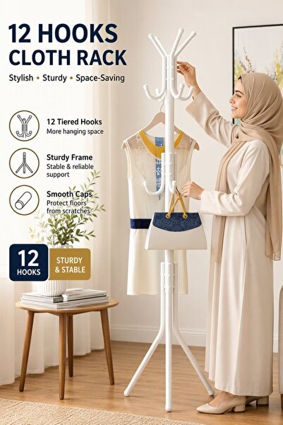Generic 12 Hooks Heavy Duty Steel Coat Rack Stable Tripod Base Anti Scratch C...