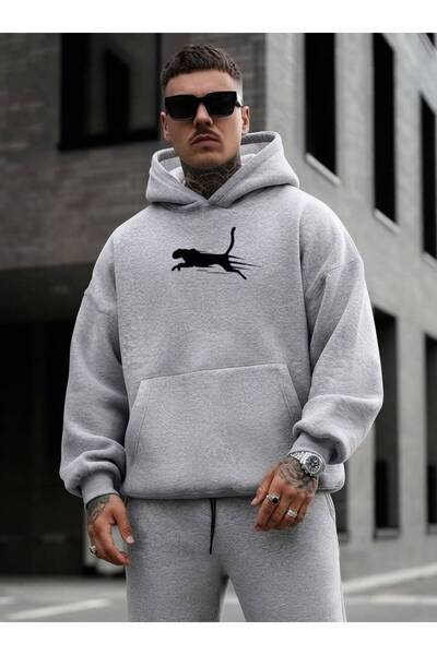 LELVANİ Men's Black/White Tiger Printed Hooded Sweatshirt
