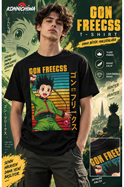 FG KONNİCHİWA Hunter X Hunter Gon Freecss Printed Black Anime T-Shirt – Crew ...