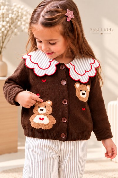 Babili Girl's Embroidered Collar Cardigan with Bear Figure & Gabardine Woven Trousers Set