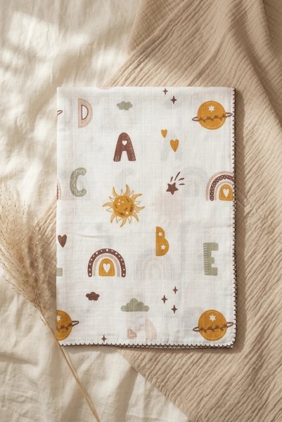 Generic Brand Letter Patterned Coffee Edge Piping Embroidered Cotton Muslin Baby Blanket 90*90 cm