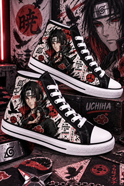 MECH BUTİK Unisex Anime Printed Black High-Top Linen Sports Shoes Sneaker