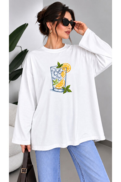 ELİSSE Kadın Limon Baskılı Modal Kumaş Oversize Basic Uzun Kollu Tunik