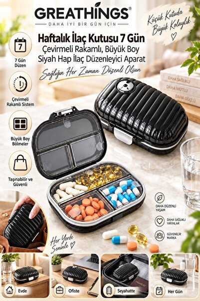 Greathings 7 Günlük 10,9x7x3,5 cm Siyah İlaç Kutusu – Büyük Boy Haftalık Hap ...