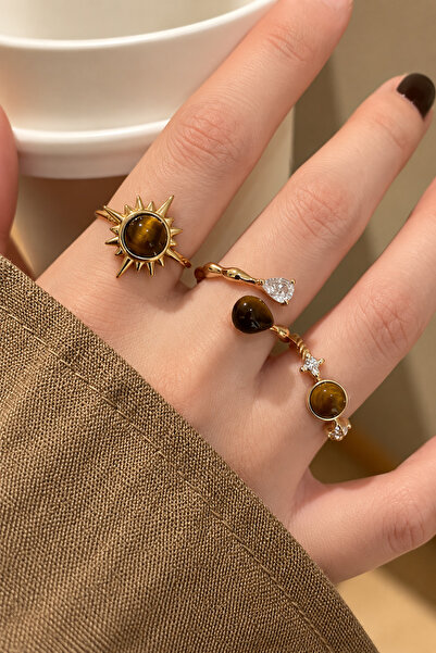 The Collection 3'lü Kombin Kahverengi Taşlı Gold Vintage Ayarlanabilir Yüzük Set