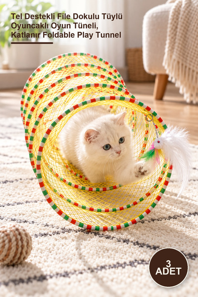 Yenilig 3 Pieces of Foldable Cat Tunnel – Play Tunnel with Wire Support, Mesh...