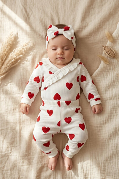 Babydonat طقم من 3 قطع من القطن المضلع بنقشة قلب أحمر للفتيات الصغيرات - قميص...