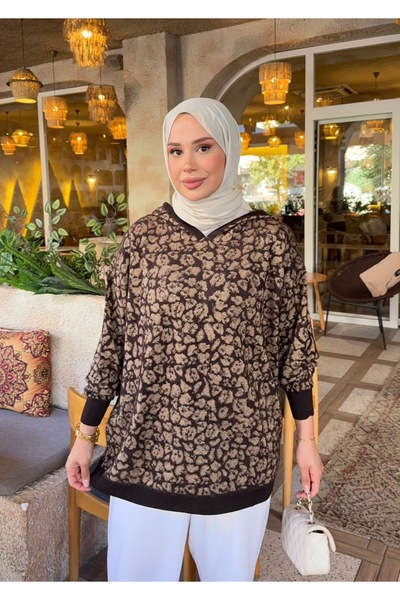 nurvina modest wear Υπερμεγέθη πλεκτό πουλόβερ με κουκούλα, με λεοπάρ σχέδιο,...