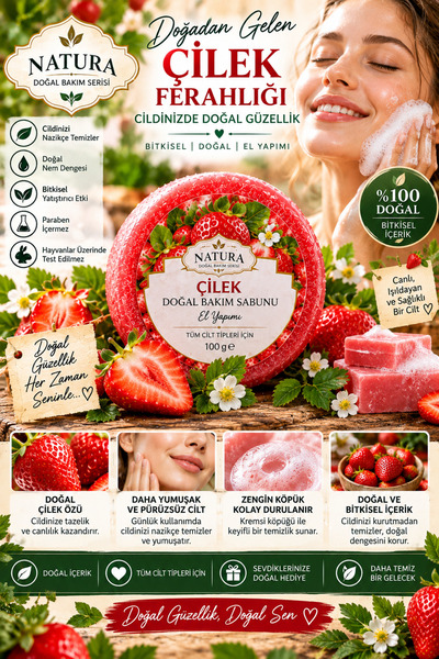 Çilek Doğal Bakım Sabunu 100 g – El Yapımı Yüz ve Vücut Temizleme Sabunu