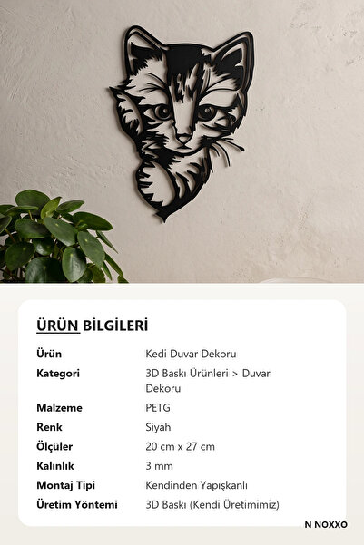 N NOXXO Kedi Duvar Dekoru Yavru Kedi Silüeti 20x27 cm Yapışkanlı 3D Baskı Siyah