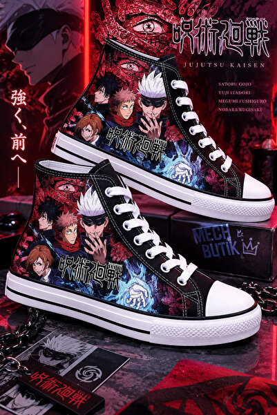 MECH BUTİK Unisex Anime Printed Black High-Top Linen Sports Shoes Sneaker