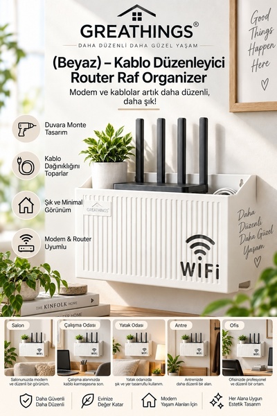 Greathings Beyaz 24,5x14x6 cm Duvar Tipi Wi-Fi Modem Kutusu Kablo Düzenleyici Router Raf Organizer