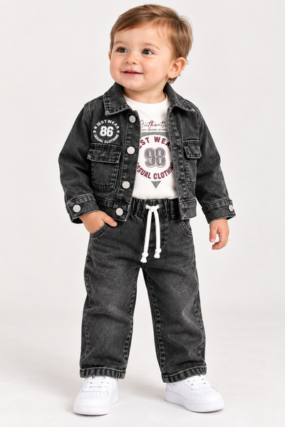 HELMİRA Baby Boy 3-Piece Denim Set - Denim Jacket, Printed Bodysuit and Denim...