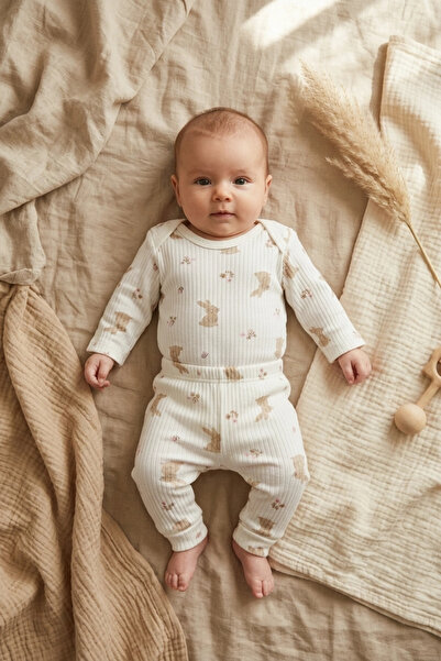 Babydonat طقم بناتي من القطن بنسبة 100% بنمط أرنب كريمي اللون، مناسب للأعمار ...