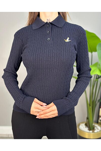 Generic Brand Polo Collar Knitted Patterned Knitwear Sweater