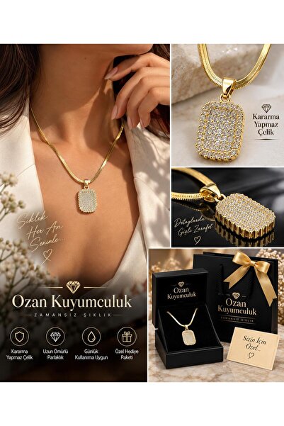Gold Renk Taşlı Dikdörtgen Kolye | Kararma Yapmaz Çelik Zincir | Parlak ve Şık Kadın Kolye