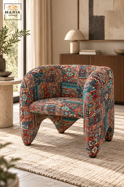 MARIA HOMES Traditional Accent Armchair | Red Multicolor Patterned Fabric Uph...