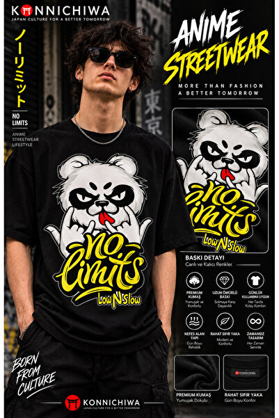FG KONNİCHİWA No Limits Panda Printed Black T-Shirt – Streetwear Crew Neck T-...