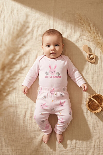 Babydonat طقم بناتي مكون من قطعتين من القطن بنسبة 100% بنمط أرنب وردي - طقم ب...