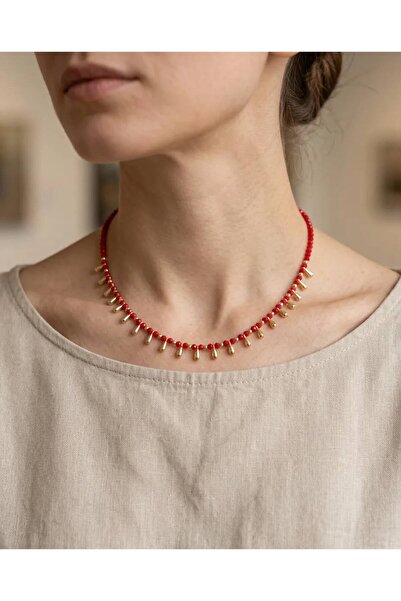 Beatis Women's Red Beaded Necklace Gold Color Drop Dangle Stylish Design Necklace