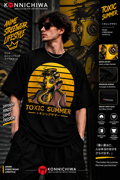 FG KONNİCHİWA Μαύρο T-SHIRT με στάμπα Toxic Summer – Γραφικό Σχέδιο με λαιμόκ...