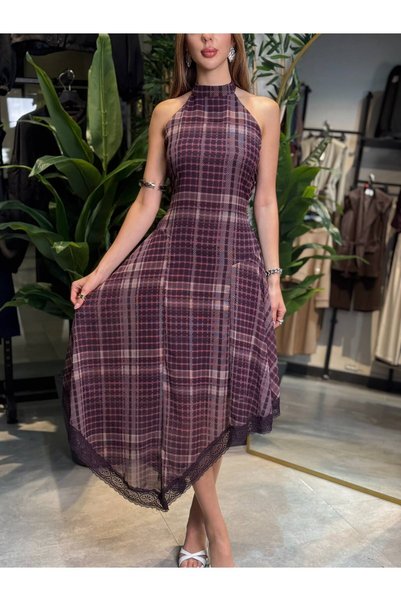 amurpars Asymmetrical Cut Plaid Halter Neck Maxi Dress
