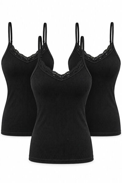 westicgiyim Women's 3-Piece Assorted Ribbed Undershirt with Lace Detail, V-Ne...