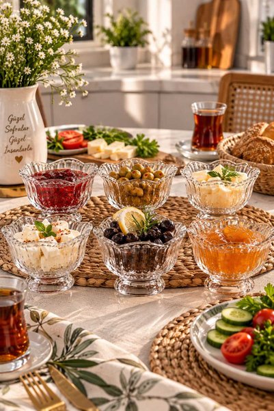 zaTen Pazar Lalura 6'lı Şeffaf Desenli Ayaklı Cam Kase Seti