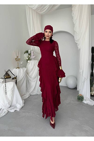 BERELLA Katlı Fırfırlı İspanyol Kollu Dantel Elbise