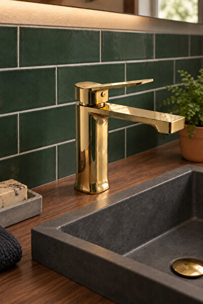 RALKEN Gold Altın Kare Lavabo Bataryası | Modern Tek Kumandalı | Çift Su Giri...