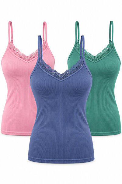 westicgiyim Women's 3-Piece Assorted Ribbed Undershirt with Lace Detail, V-Ne...
