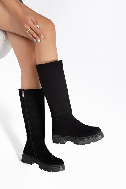 motto store Women's Black Suede Below-Knee Zippered Comfortable Boots