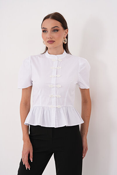 Noravelle Women's White Chinese Style High Collar Flounce Poplin Blouse with ...