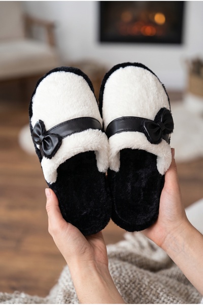 Moda Devrin Black Bowknot Plush House Slippers / Soft Sole Comfortable Indoor...