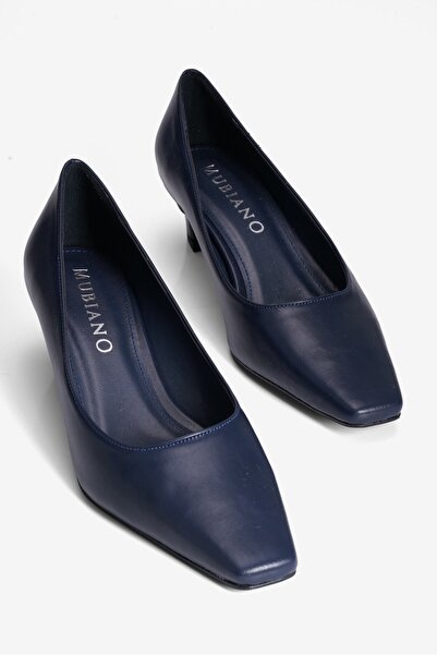 Mubiano Women's High Heel Shoes Stiletto Square Toe Short Heel Leni Navy Blue