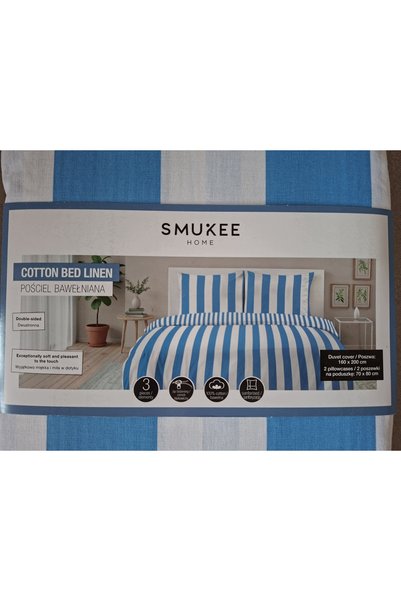 SMUKEE HOME Set de lenjerie de pat din bumbac ALB-ALBASTRU 160 x 200 cu dungi