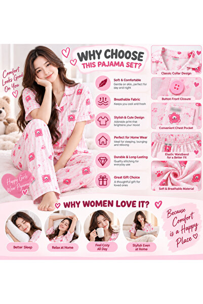 Lovisah Styles Women’s Pink Printed Pajama Set, Short Sleeve Button Front Sleepwear Set with Collared Top and Long Pants, Comfortable Home Lounge Wear