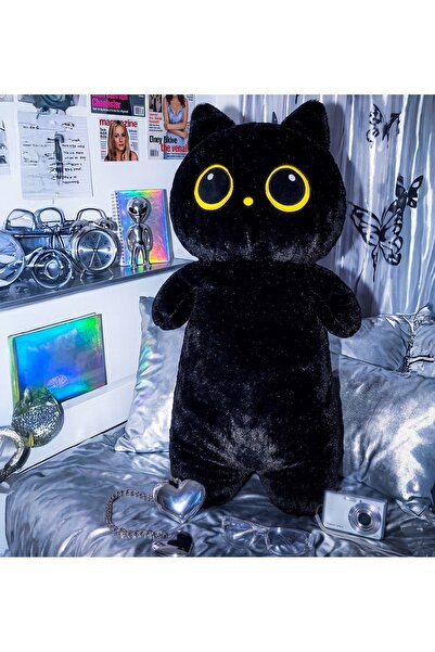 Gotel PISICĂ DE PLUȘ MASCOTĂ NEAGRĂ JUCĂRIE DE PLUȘ PERNĂ 90 cm OCHI MARI PLĂ...