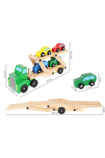 KRUZZEL Set camion Tir din lemn pliabil pentru transport auto + 4 mașini de j...