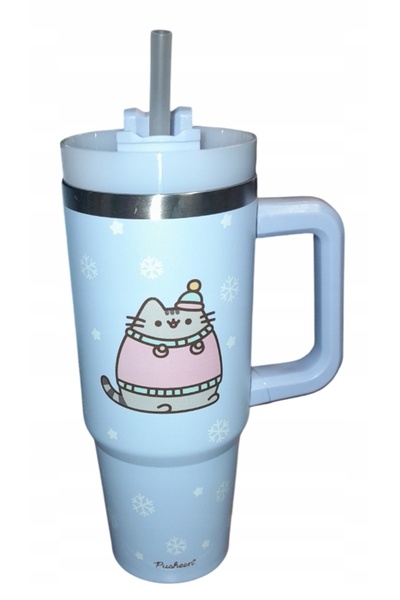 MPM Cană termică PUSHEEN 0,9 l albastră mare cu pai Iarnă