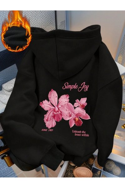 PALPİTO Women's Oversized Black Floral Print Hooded Sweatshirt