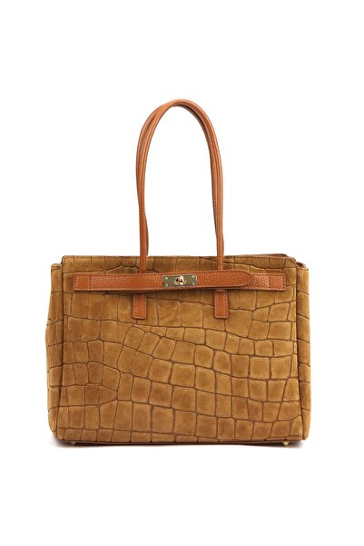 Vera Pelle Camilla PREMIUM CROCO camel clasică geantă de mână de damă din pie...