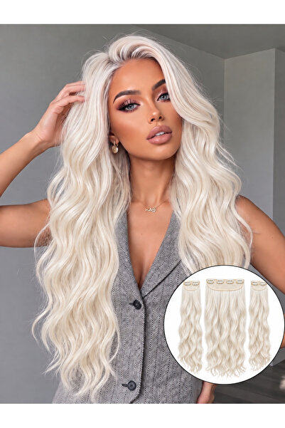 Lulu Bella Kadın Platin 3 lü Set - Yarımay + 2 Yan Dalgalı Çıtçıtlı Postiş 60...