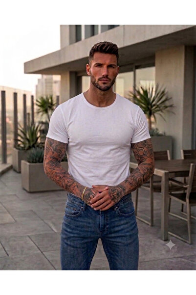 Slim Fit Pis Yaka Düz %100 Pamuk Beyaz Tişört
