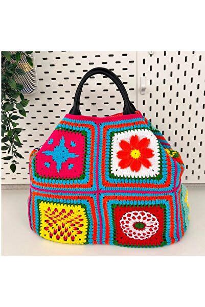 Crochet Bilgen El Örgüsü Renkli Motifli Büyük Boy Kadın El Çantası