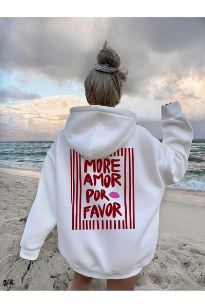 PALPİTO Women's Oversized White More-Printed Hooded Sweatshirt